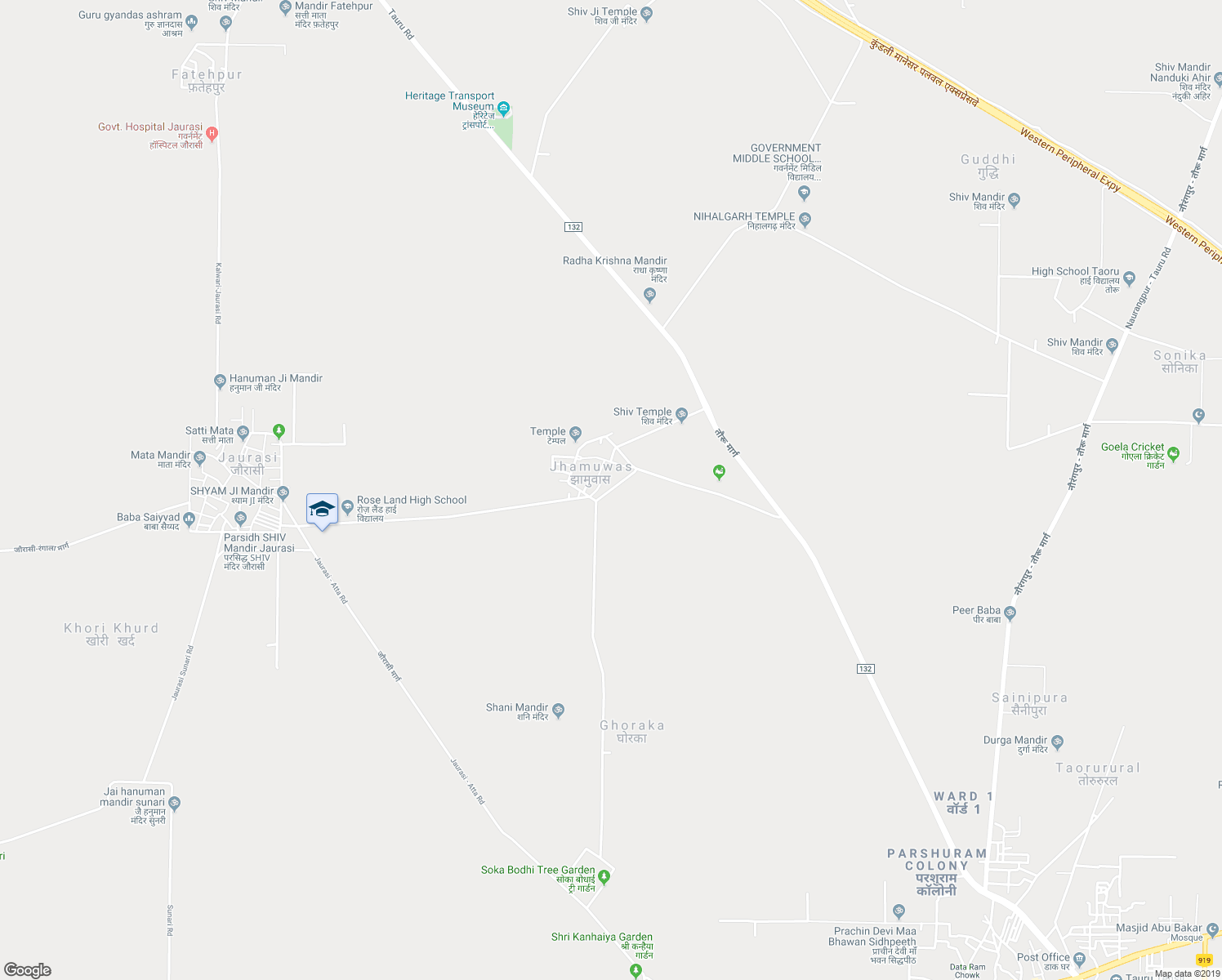 map of restaurants, bars, coffee shops, grocery stores, and more near Jhamuwas Road in Jhamuwas