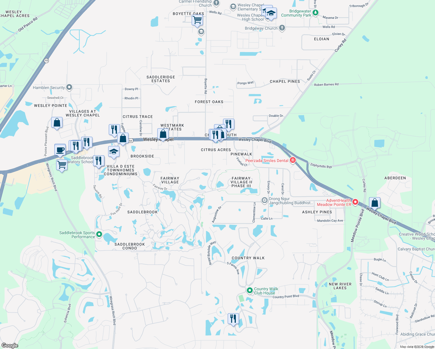 map of restaurants, bars, coffee shops, grocery stores, and more near 5430 Kemkerry Rd in Zephyrhills