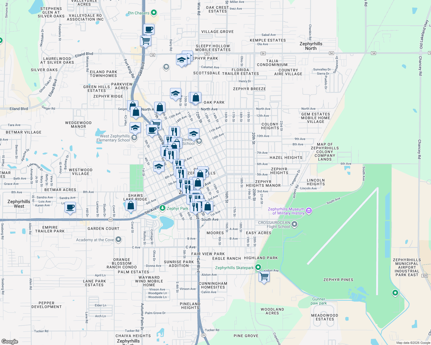 map of restaurants, bars, coffee shops, grocery stores, and more near 5409 11th Street in Zephyrhills