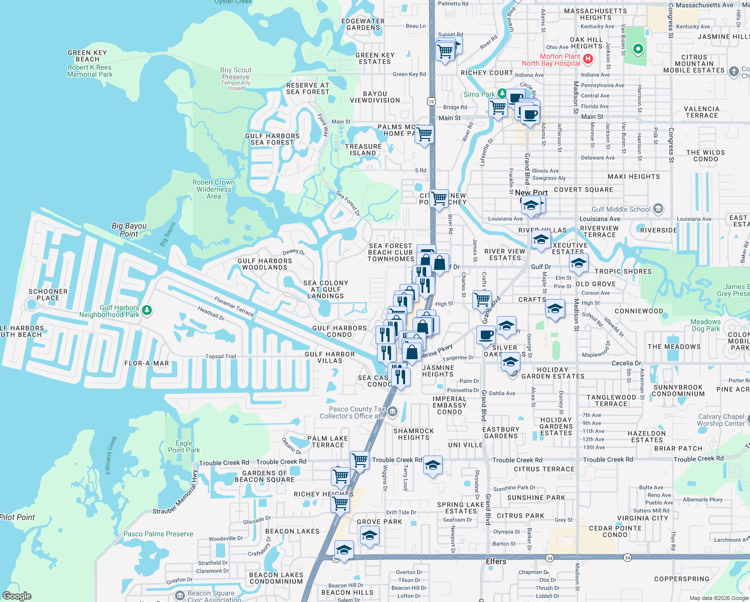 map of restaurants, bars, coffee shops, grocery stores, and more near 4929 Docner Street in New Port Richey