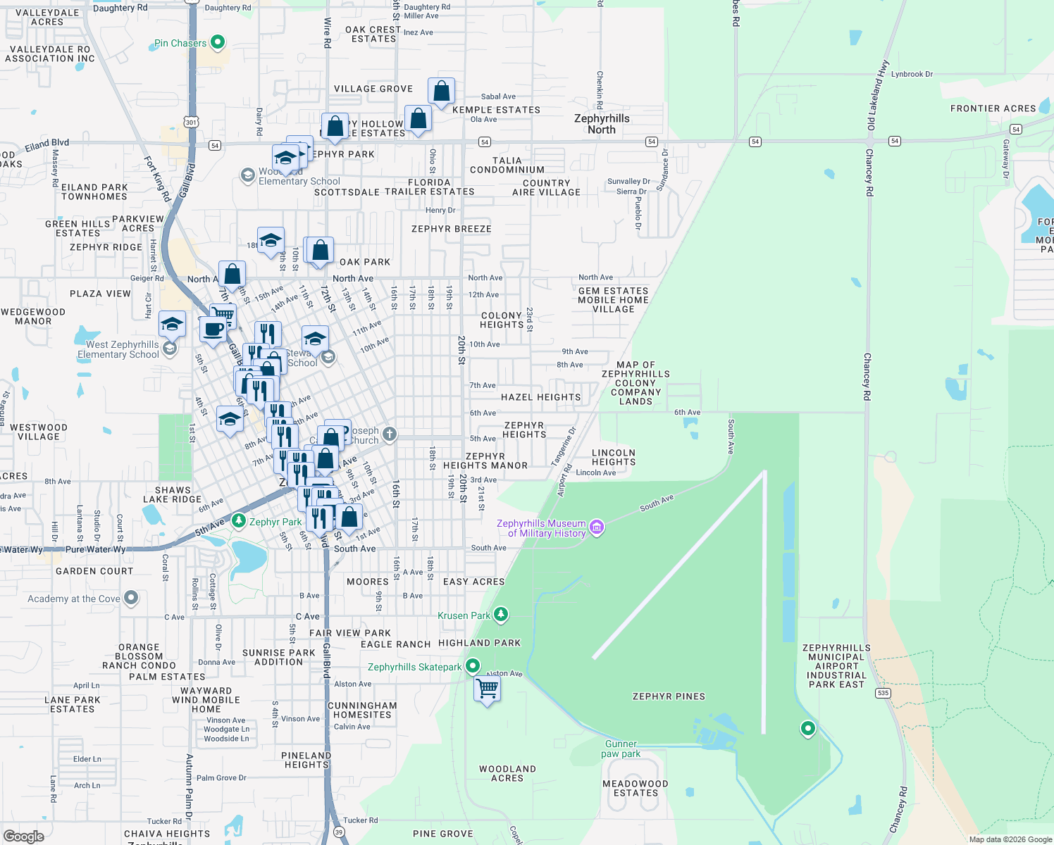 map of restaurants, bars, coffee shops, grocery stores, and more near 39219 5th Avenue in Zephyrhills