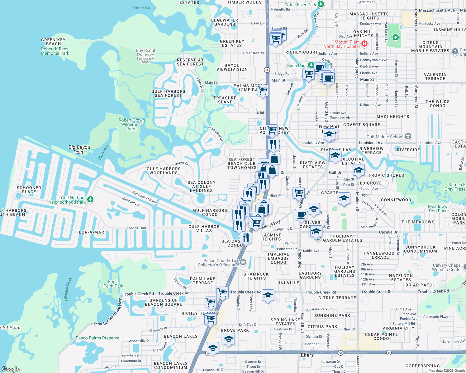 map of restaurants, bars, coffee shops, grocery stores, and more near 4930 Getner Street in New Port Richey