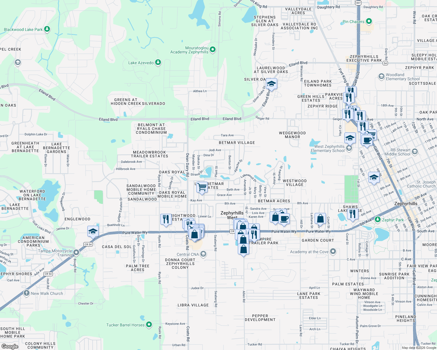 map of restaurants, bars, coffee shops, grocery stores, and more near 36740 Strand Drive in Zephyrhills