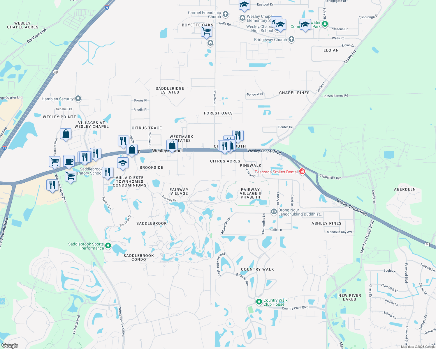 map of restaurants, bars, coffee shops, grocery stores, and more near 5525 Gray Road in Zephyrhills