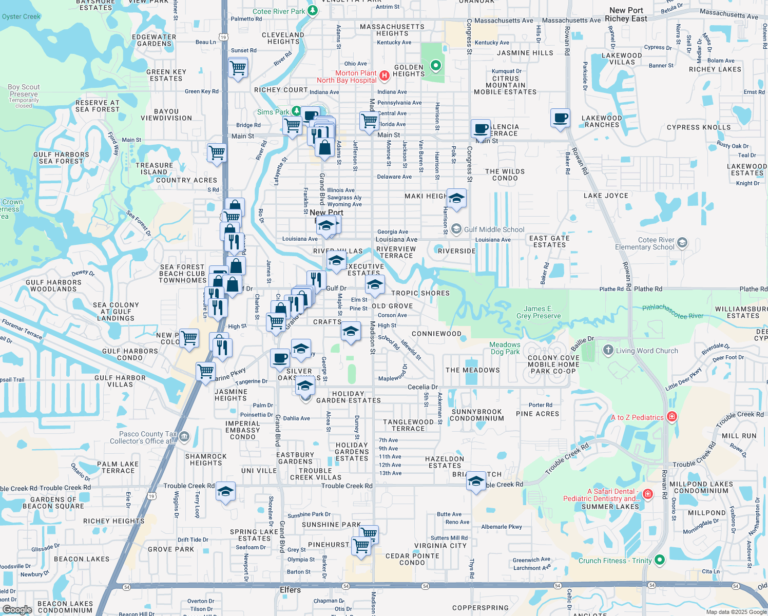 map of restaurants, bars, coffee shops, grocery stores, and more near 6026 Arthur Avenue in New Port Richey