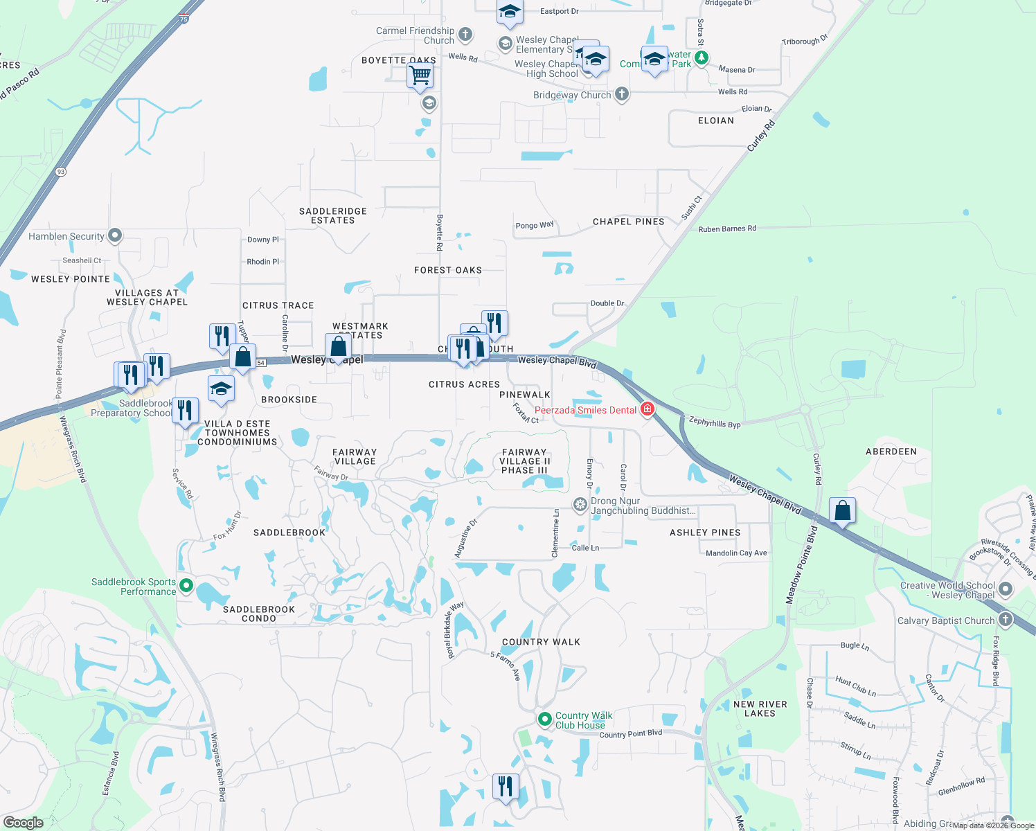 map of restaurants, bars, coffee shops, grocery stores, and more near 5535 Foxtail Court in Wesley Chapel