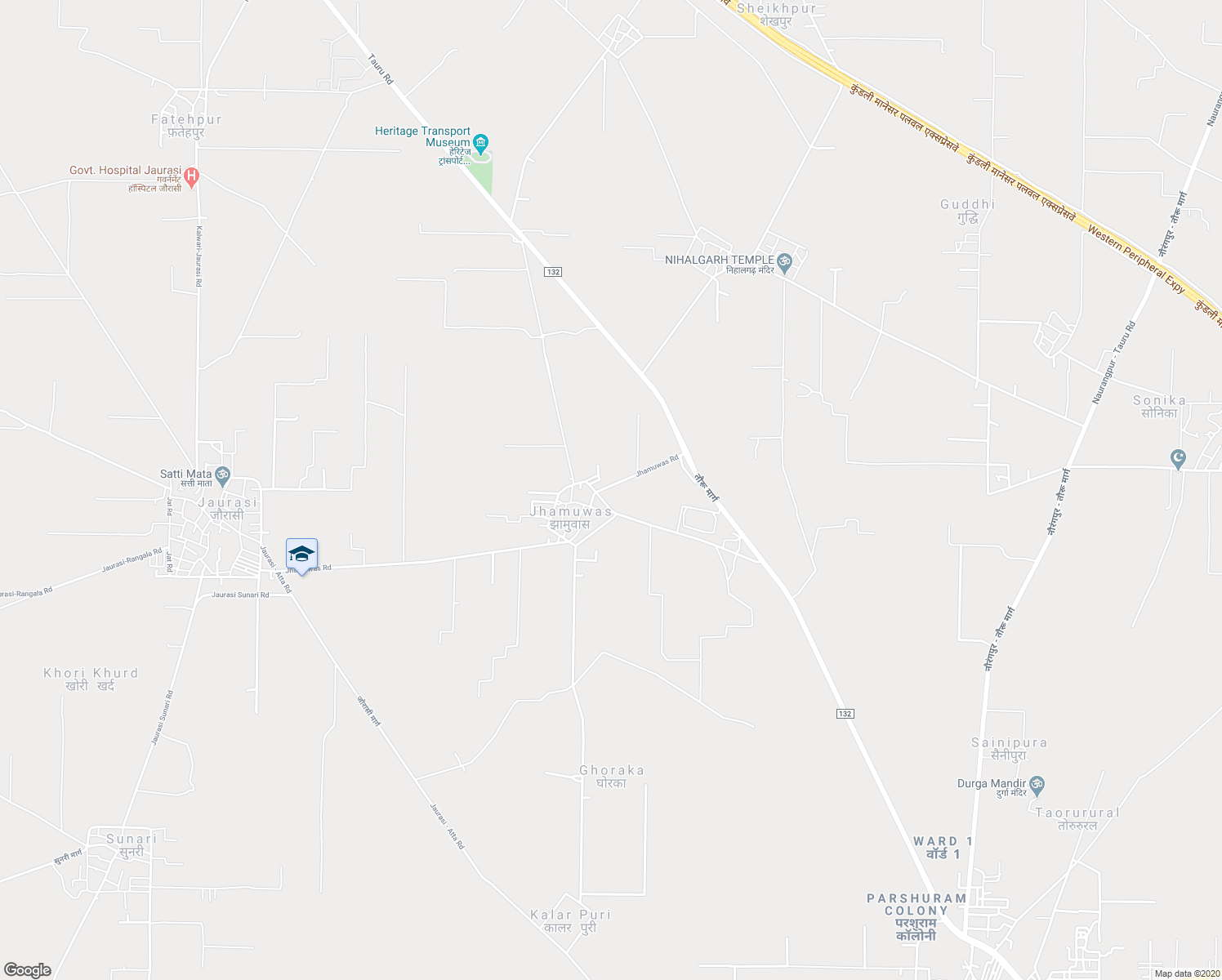 map of restaurants, bars, coffee shops, grocery stores, and more near Jhamuwas Road in Jhamuwas