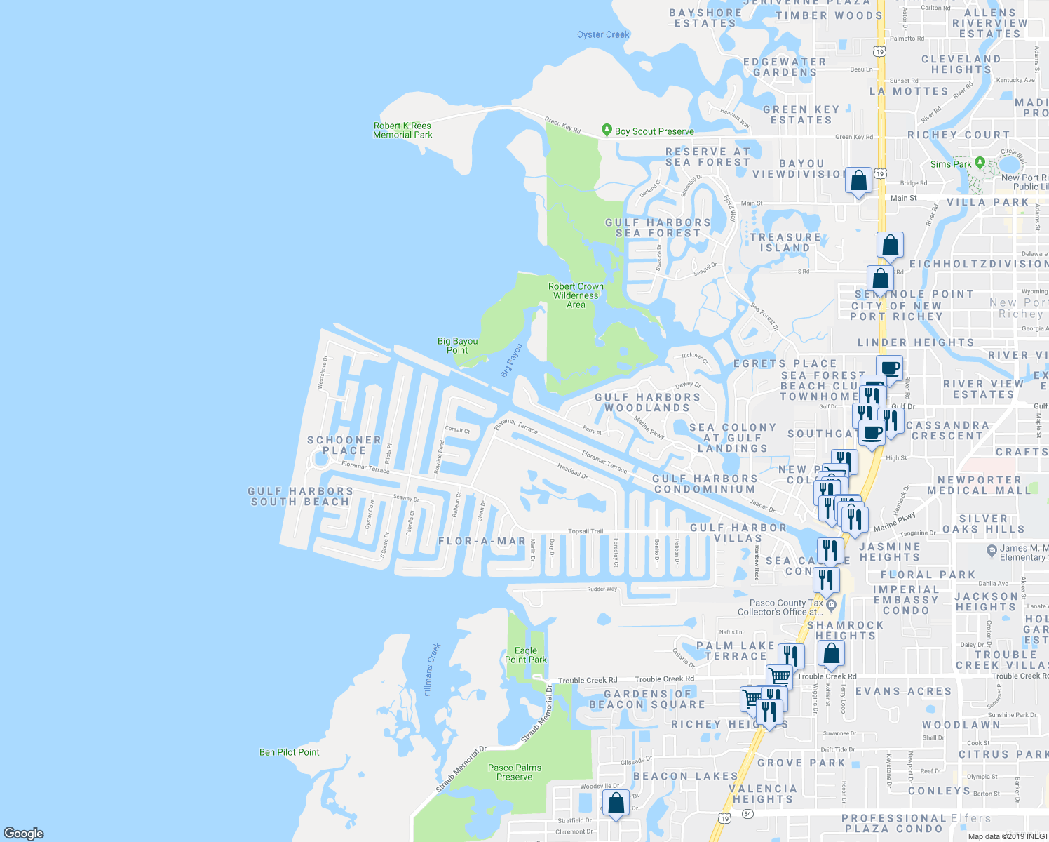 map of restaurants, bars, coffee shops, grocery stores, and more near 3907 Floramar Terrace in New Port Richey