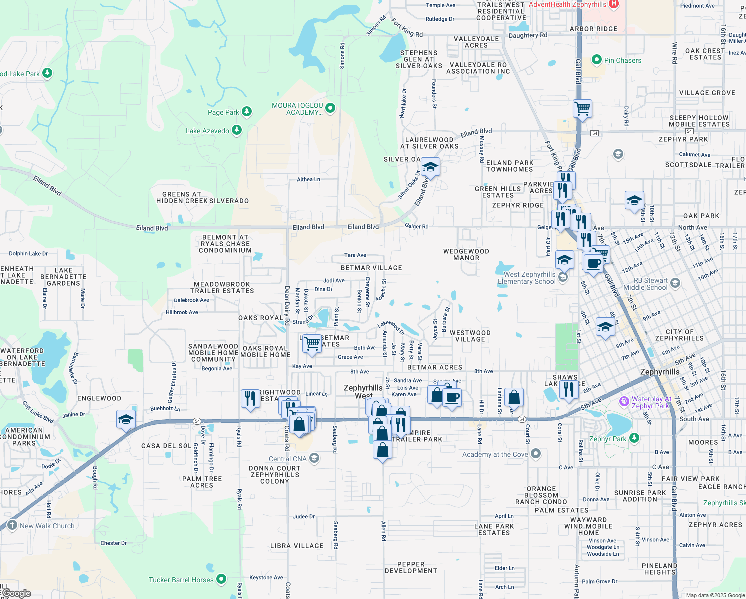 map of restaurants, bars, coffee shops, grocery stores, and more near 5613 Pawnee Street in Zephyrhills