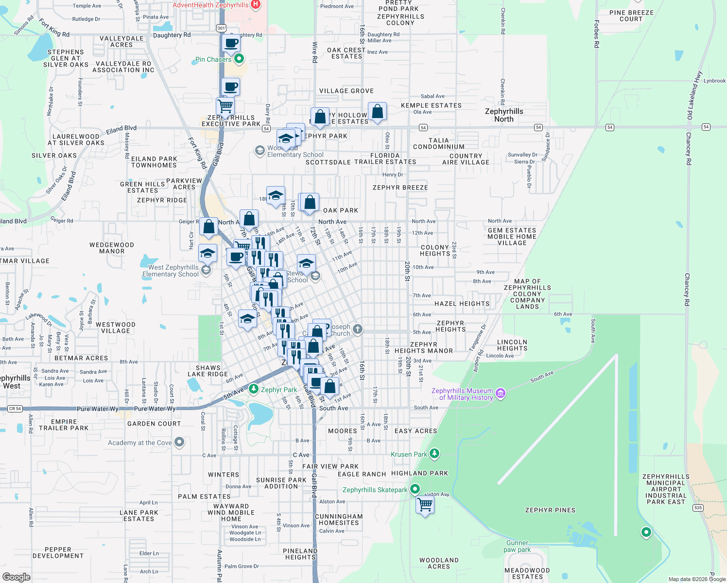 map of restaurants, bars, coffee shops, grocery stores, and more near 5612 16th St in Zephyrhills