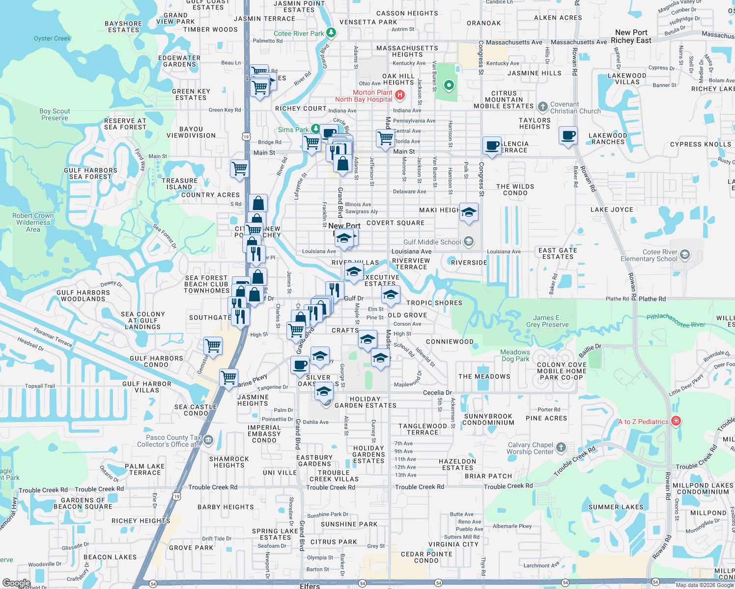 map of restaurants, bars, coffee shops, grocery stores, and more near 5511 Executive Drive in New Port Richey