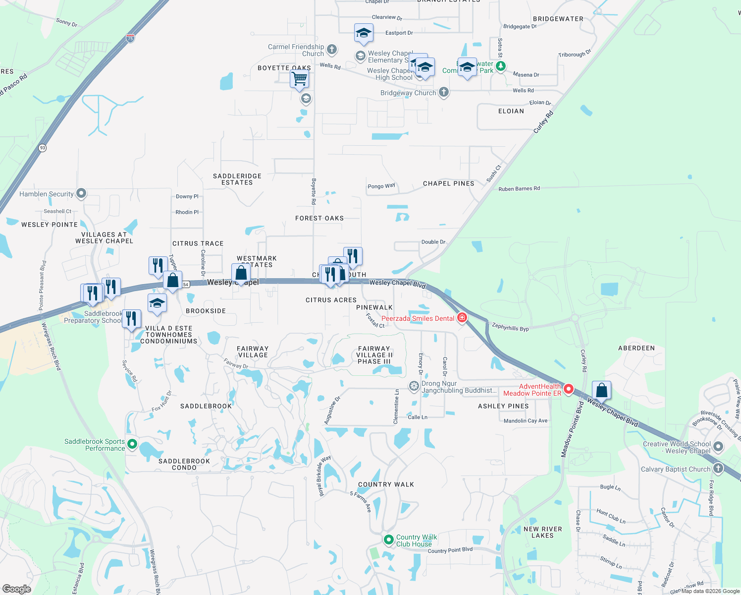map of restaurants, bars, coffee shops, grocery stores, and more near 5712 Whitebark Drive in Wesley Chapel