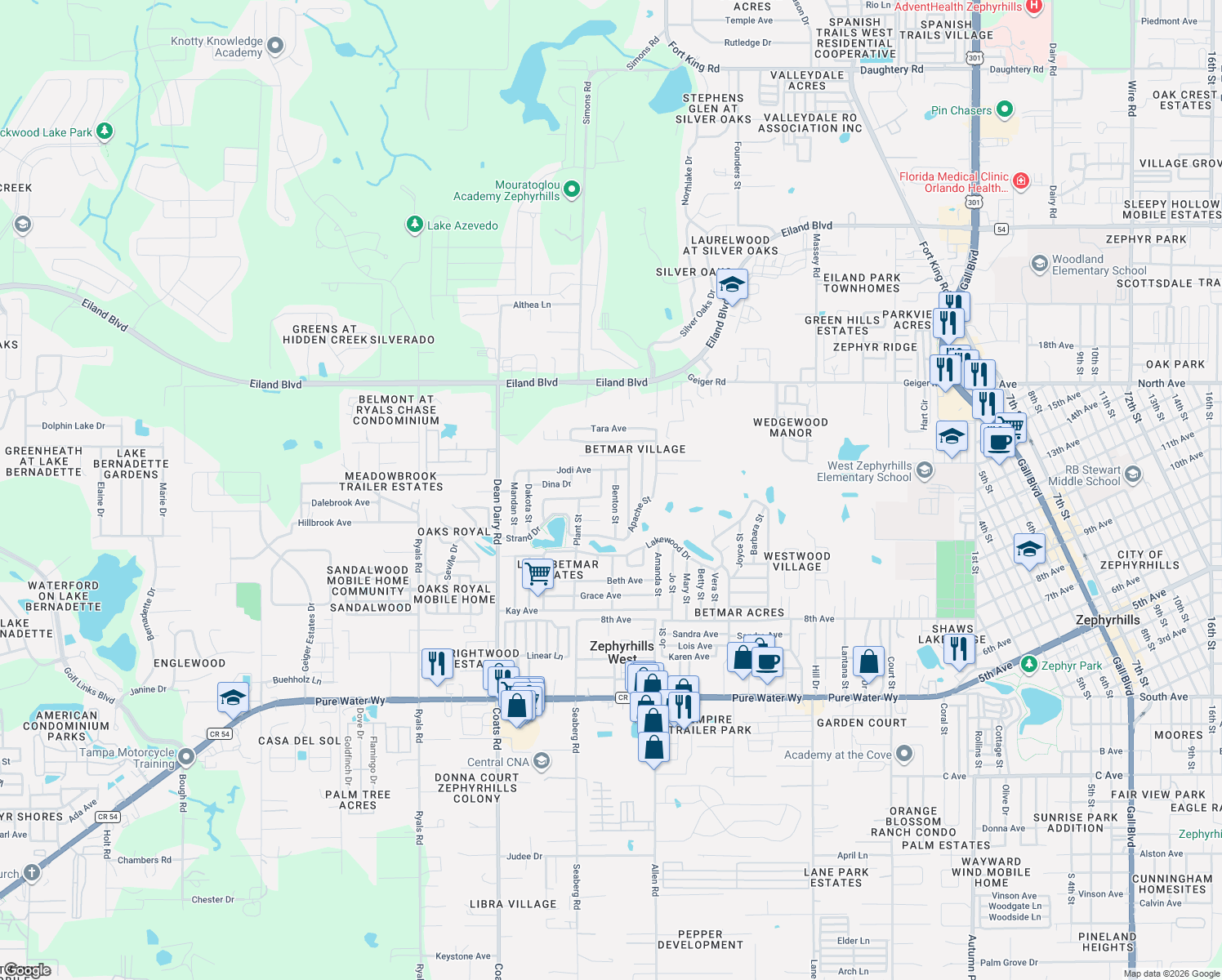 map of restaurants, bars, coffee shops, grocery stores, and more near 5633 Benton Street in Zephyrhills