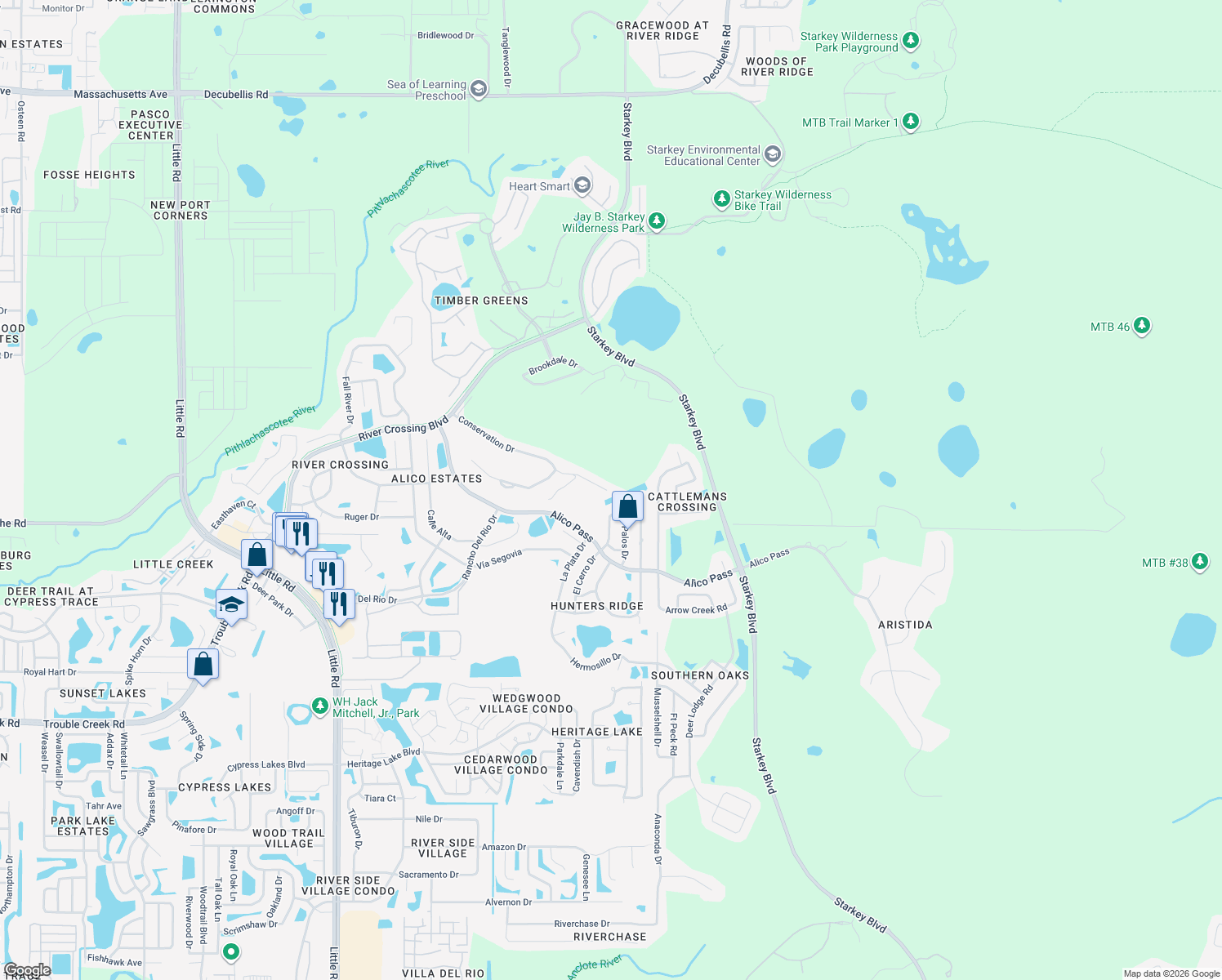 map of restaurants, bars, coffee shops, grocery stores, and more near 9835 Conservation Drive in New Port Richey