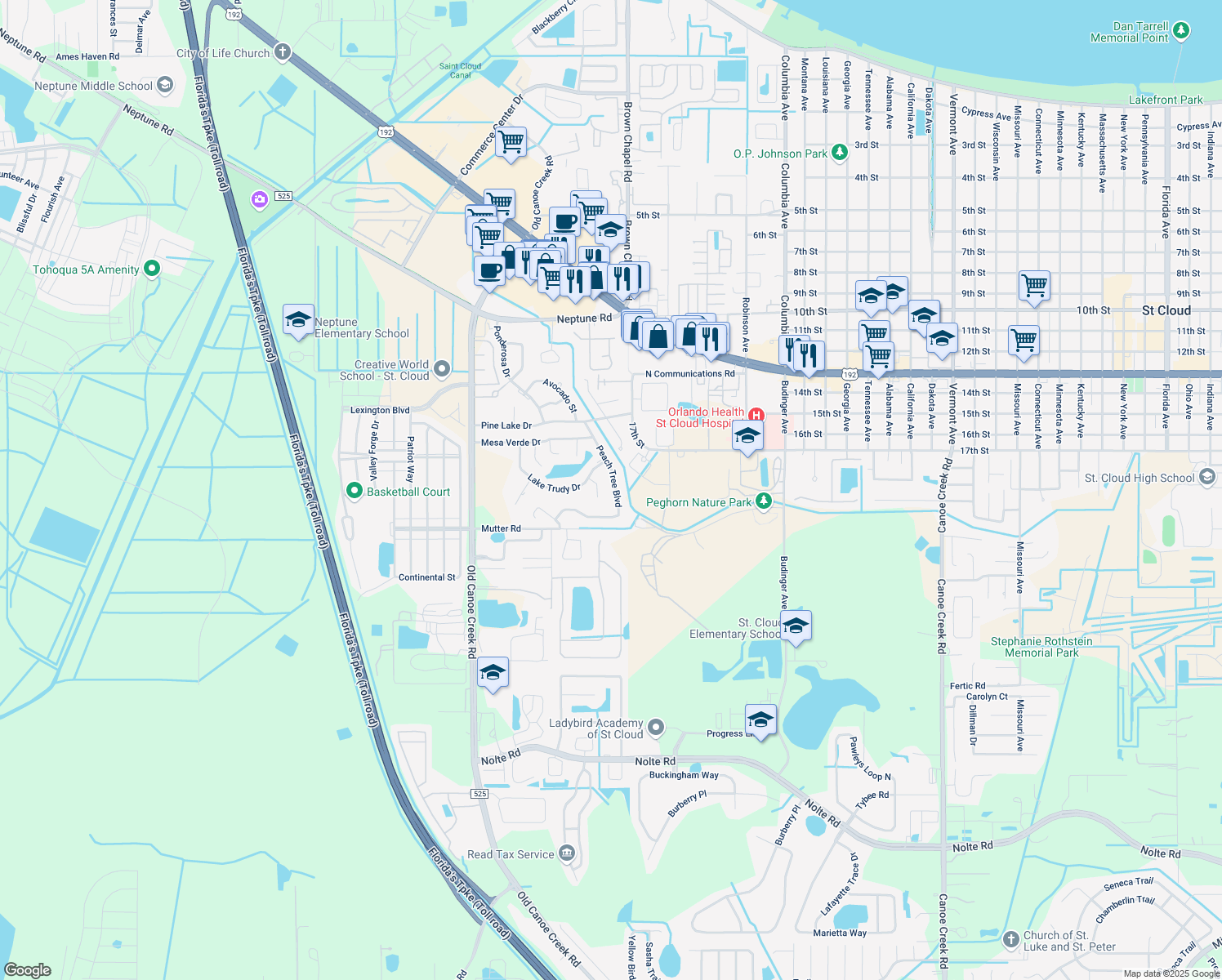 map of restaurants, bars, coffee shops, grocery stores, and more near 1818 Peach Tree Boulevard in Saint Cloud