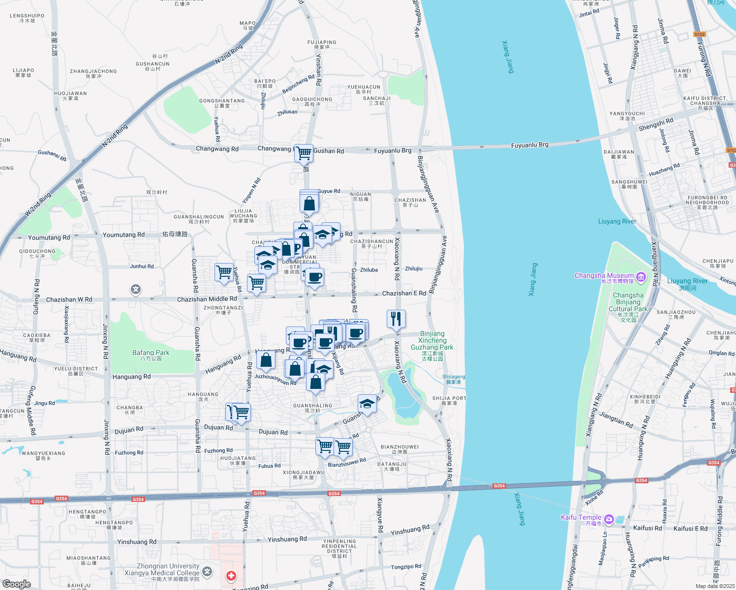 map of restaurants, bars, coffee shops, grocery stores, and more near Cha Zi Shan Dong Lu in Chang Sha Shi