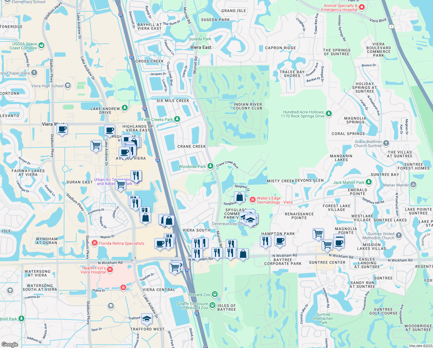 map of restaurants, bars, coffee shops, grocery stores, and more near 6865 Murrell Road in Melbourne