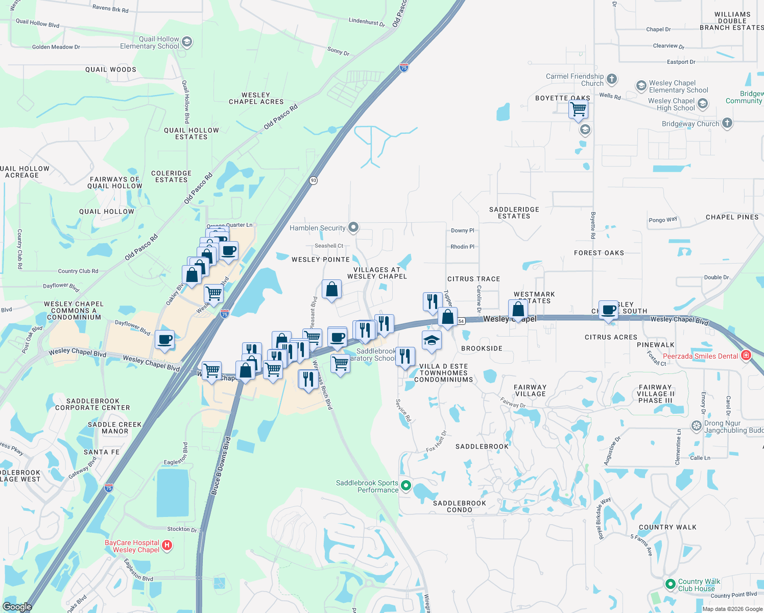 map of restaurants, bars, coffee shops, grocery stores, and more near 28912 Burke Mill Place in Wesley Chapel