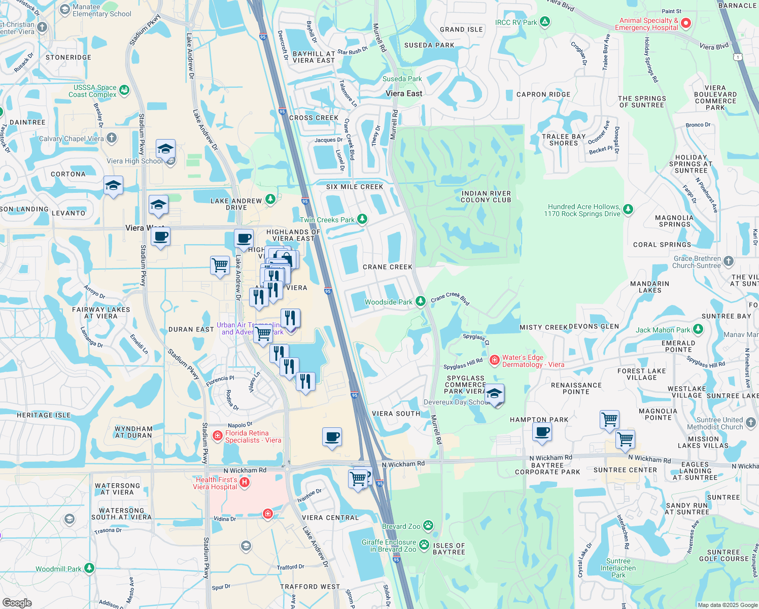 map of restaurants, bars, coffee shops, grocery stores, and more near 1794 Crane Creek Boulevard in Melbourne