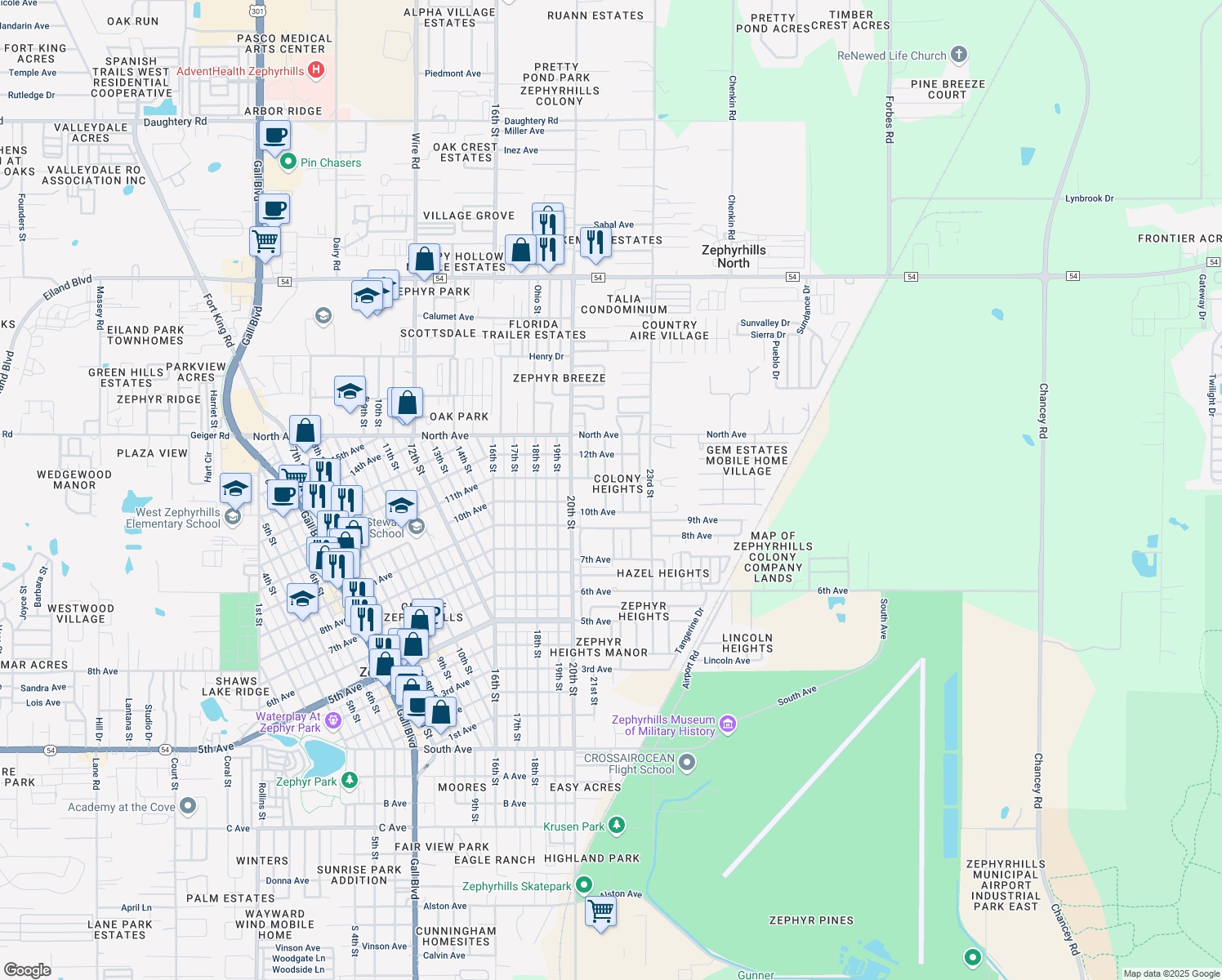 map of restaurants, bars, coffee shops, grocery stores, and more near 5812 Beech Street in Zephyrhills