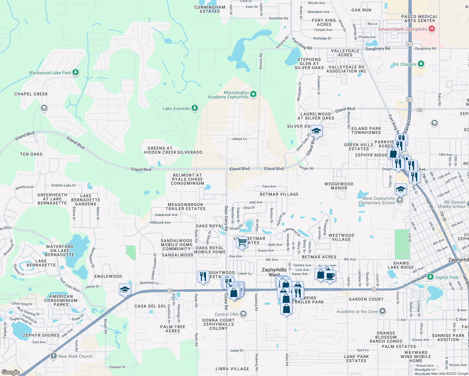 map of restaurants, bars, coffee shops, grocery stores, and more near 5824 Dean Dairy Road in Zephyrhills