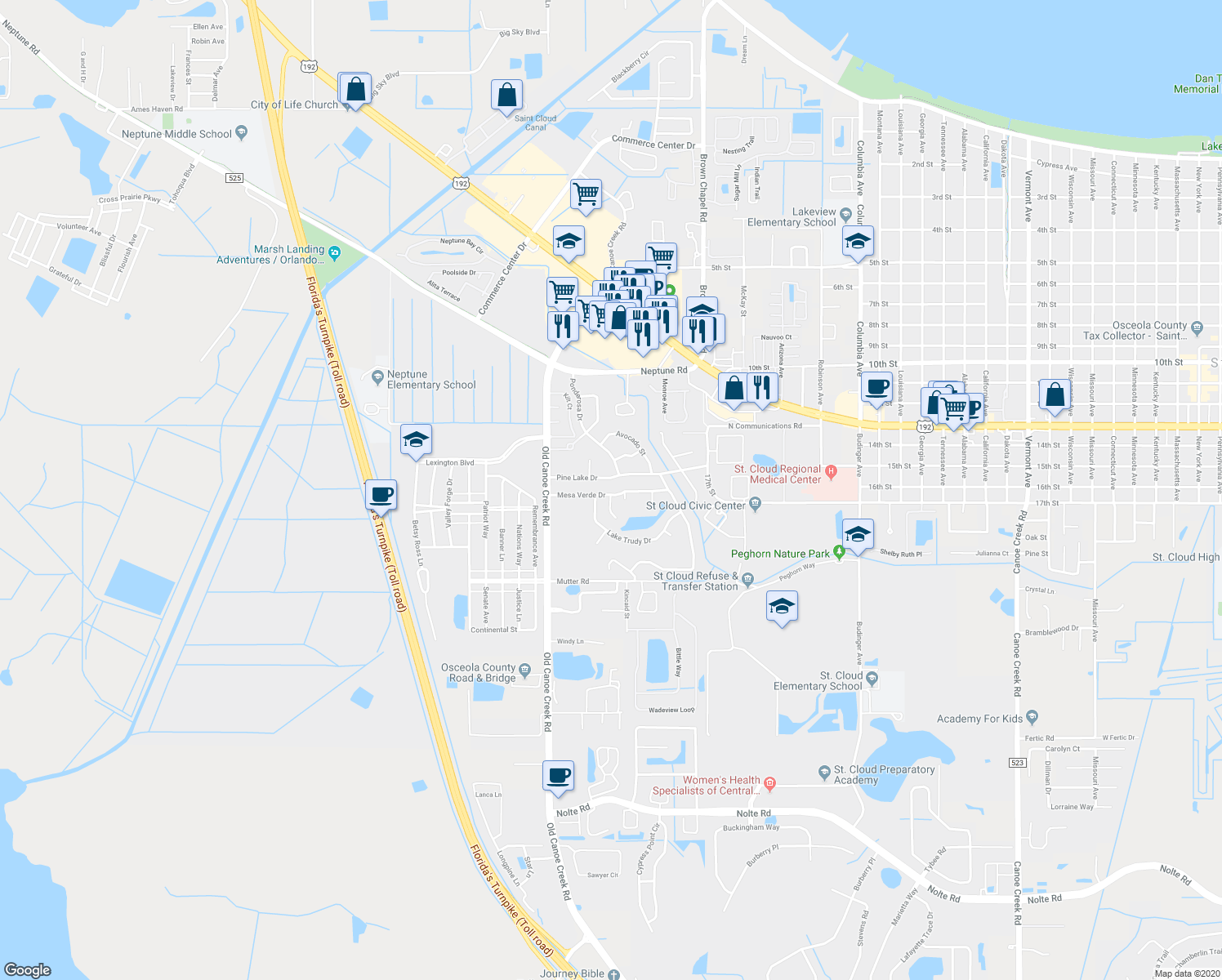 map of restaurants, bars, coffee shops, grocery stores, and more near 4613 Pine Lake Drive in Saint Cloud