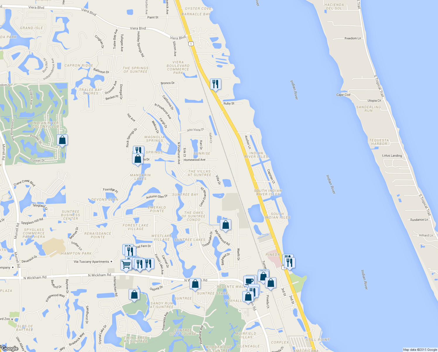 map of restaurants, bars, coffee shops, grocery stores, and more near 975 Villa Drive in Melbourne
