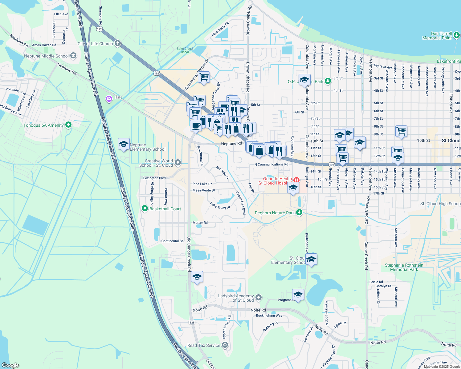 map of restaurants, bars, coffee shops, grocery stores, and more near 4503 Pine Lake Drive in Saint Cloud