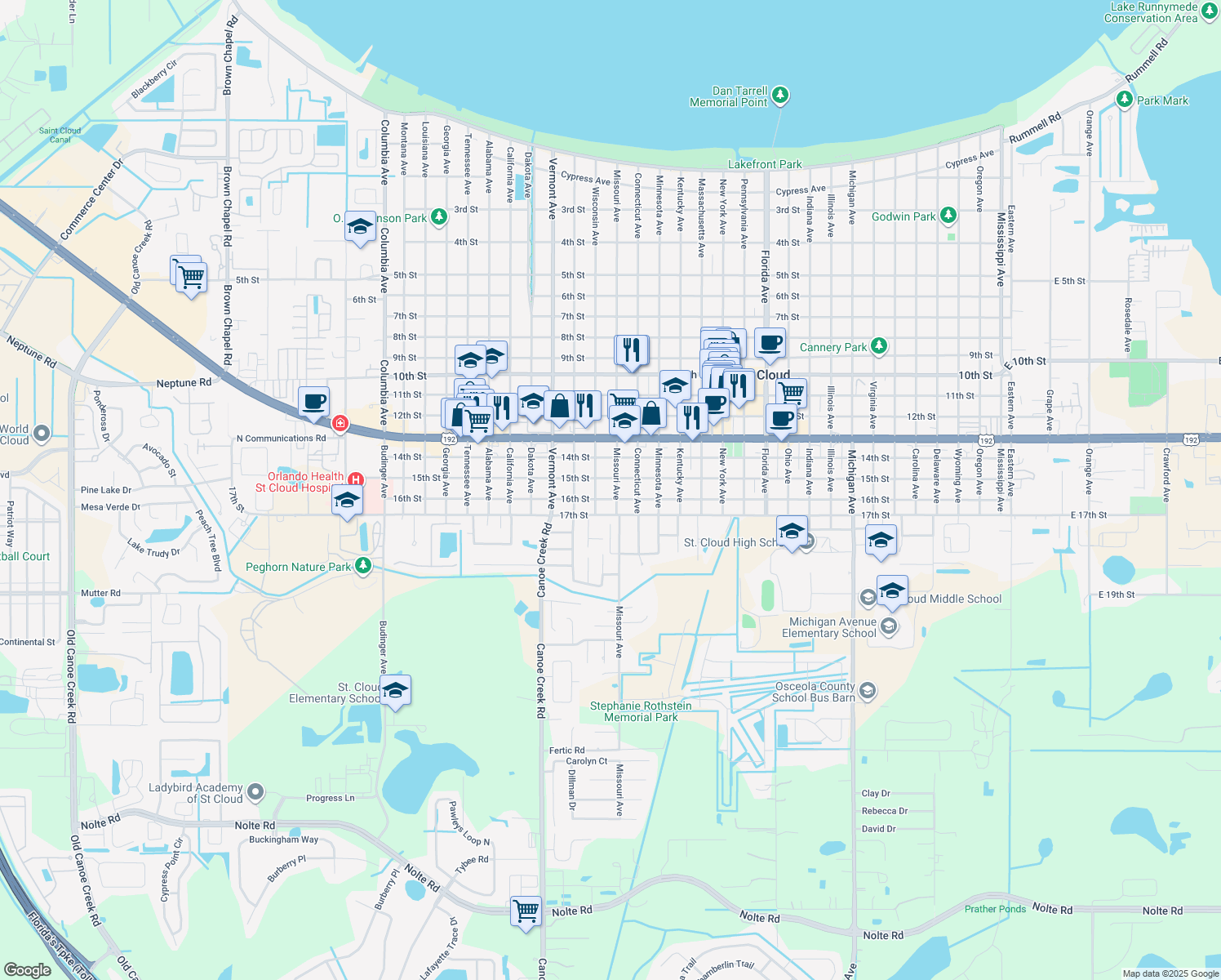 map of restaurants, bars, coffee shops, grocery stores, and more near 1516 Missouri Ave in St Cloud