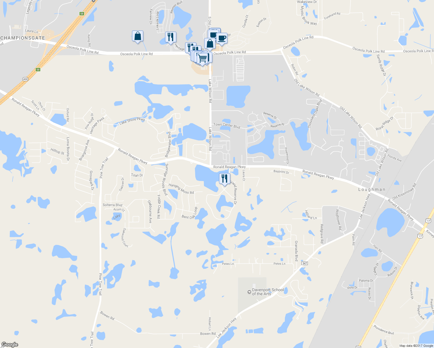 map of restaurants, bars, coffee shops, grocery stores, and more near 2205 Ronald Reagan Parkway in Davenport