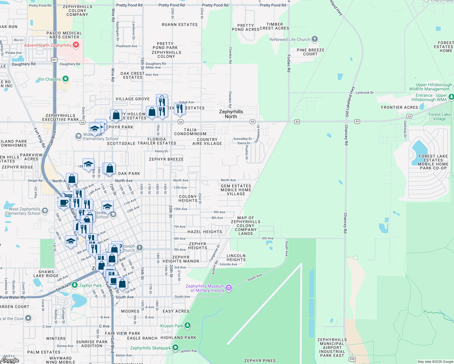 map of restaurants, bars, coffee shops, grocery stores, and more near 39443 Elgin Dr in Zephyrhills