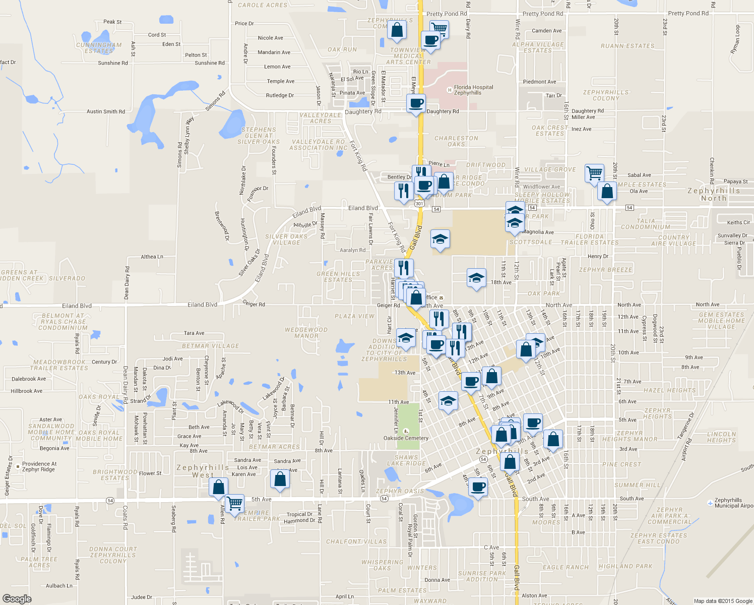map of restaurants, bars, coffee shops, grocery stores, and more near 37743 Geiger Road in Zephyrhills