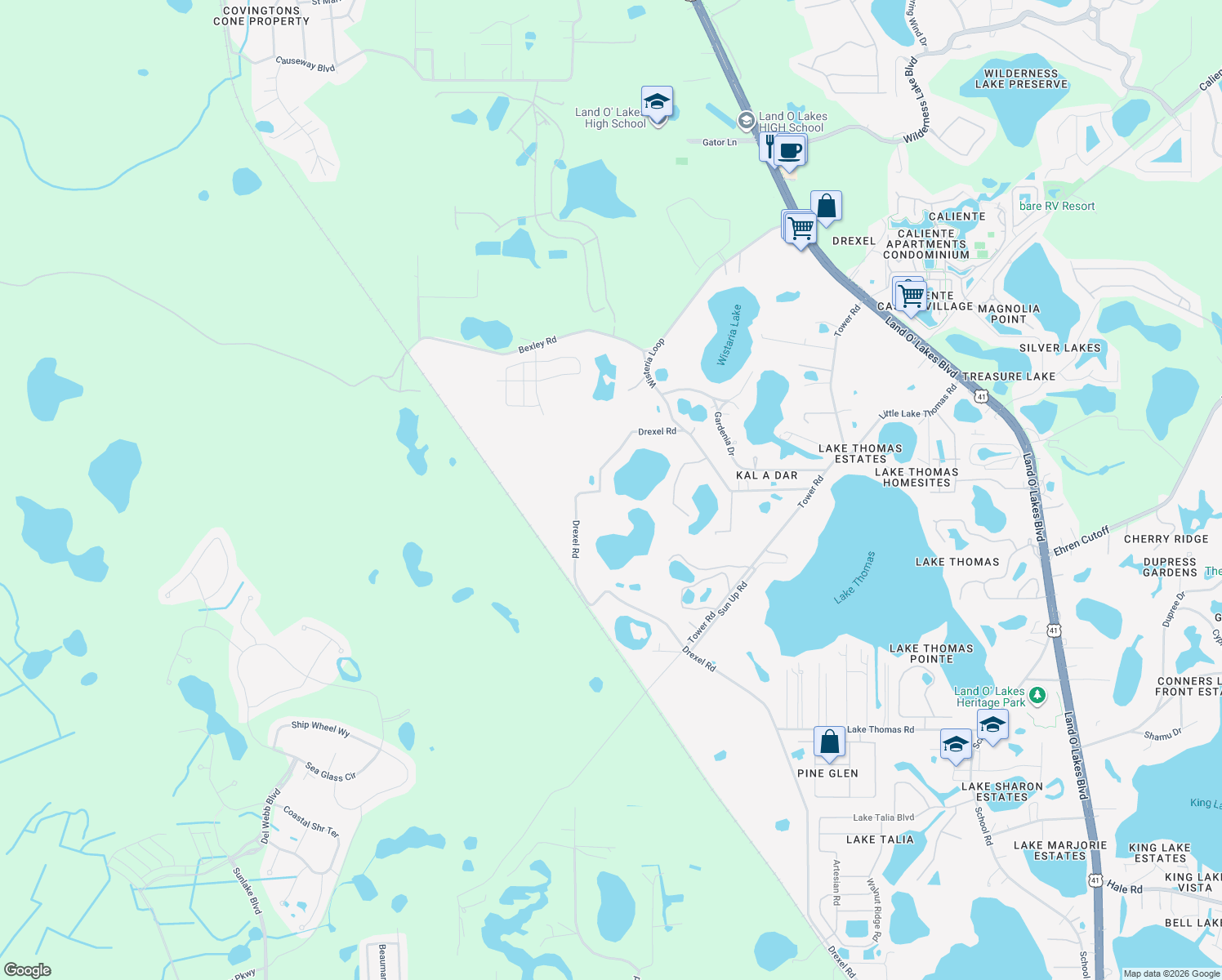 map of restaurants, bars, coffee shops, grocery stores, and more near 6046 Drexel Road in Land O' Lakes