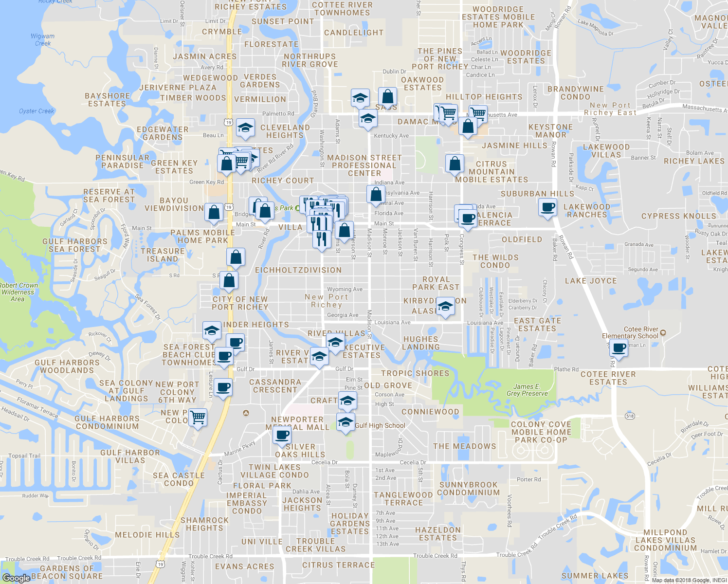 map of restaurants, bars, coffee shops, grocery stores, and more near 5940 Wyoming Avenue in New Port Richey