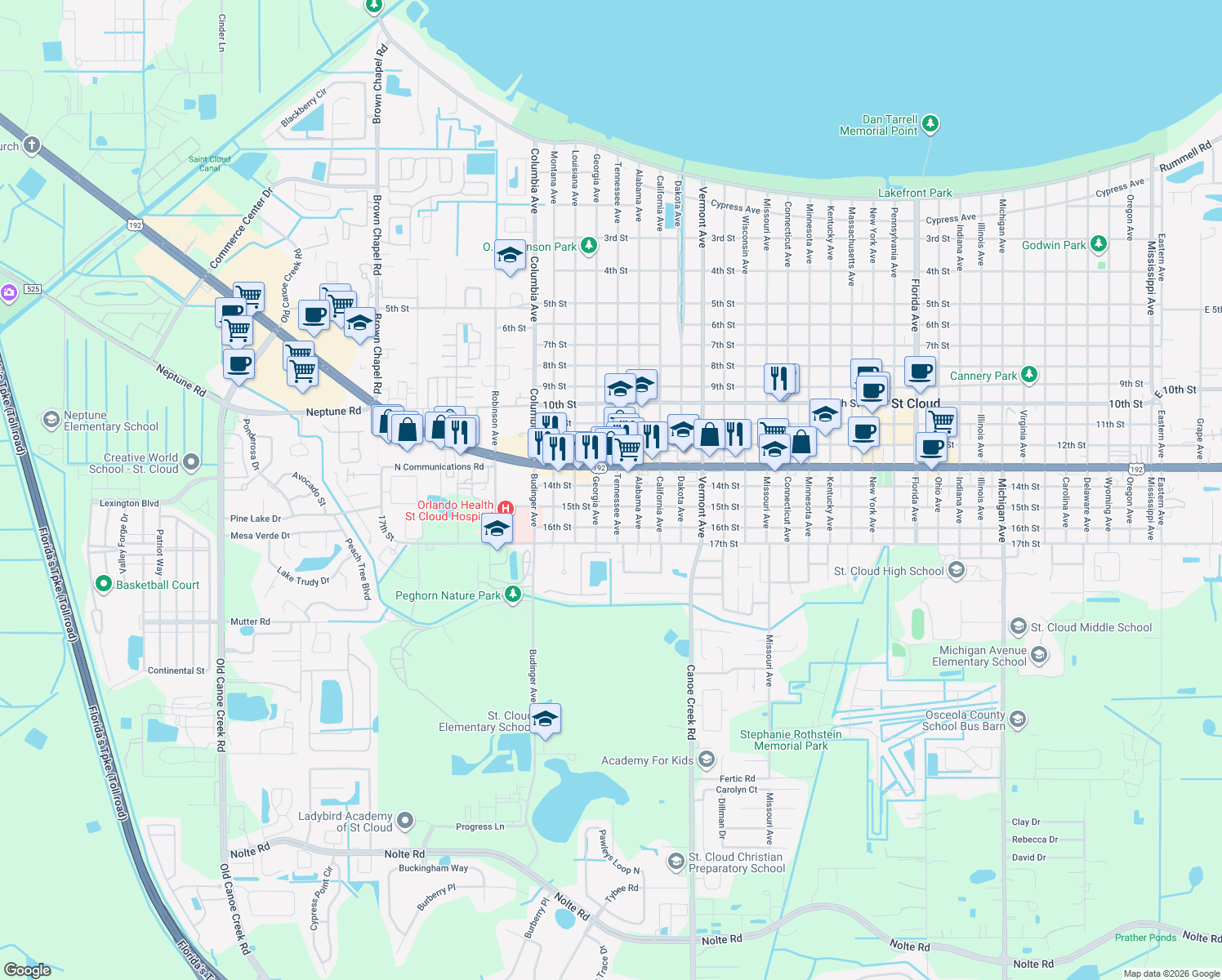 map of restaurants, bars, coffee shops, grocery stores, and more near 1400 Tennessee Avenue in Saint Cloud