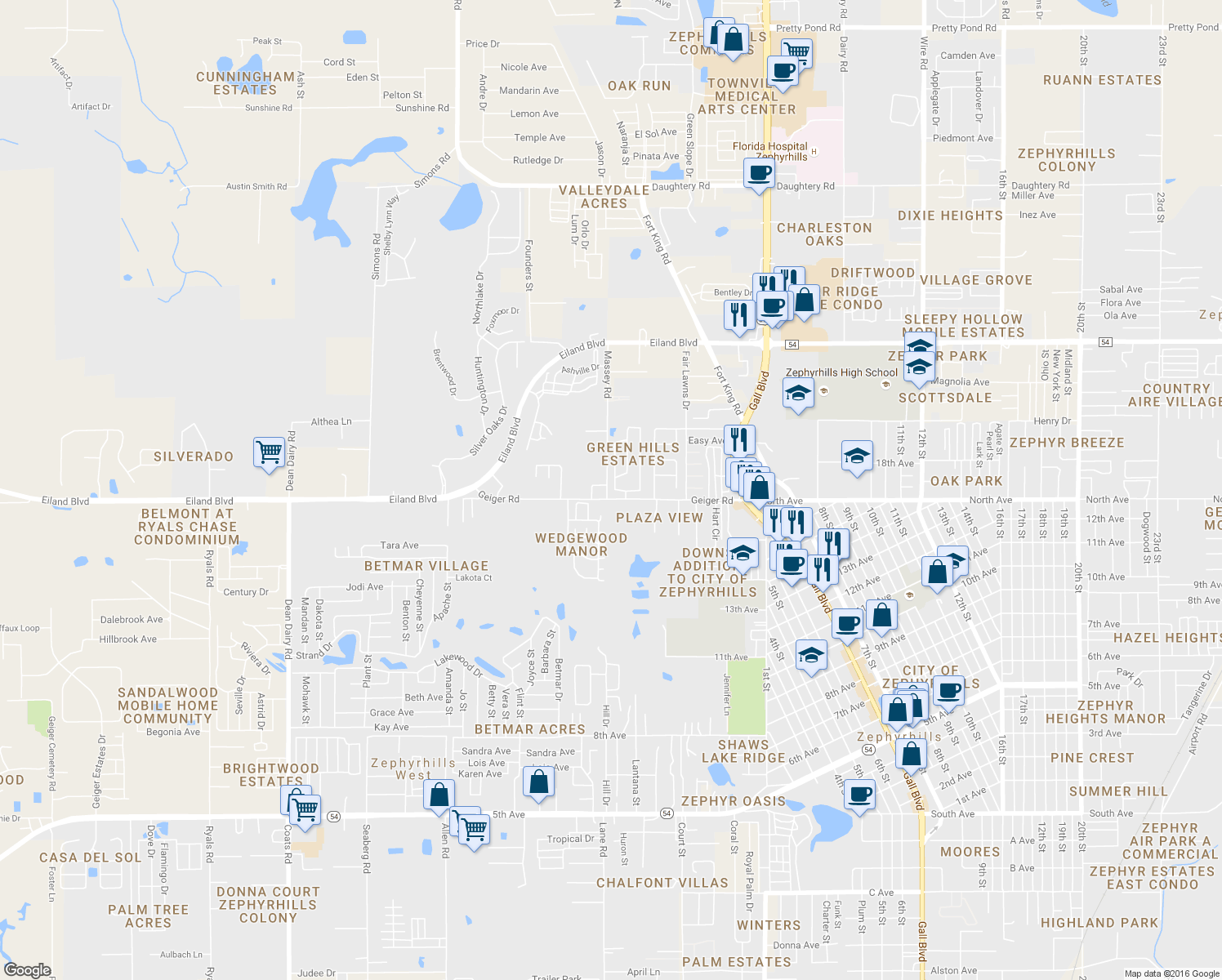 map of restaurants, bars, coffee shops, grocery stores, and more near 6021 Ridgewood Drive in Zephyrhills