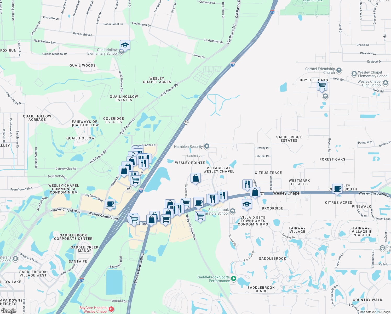 map of restaurants, bars, coffee shops, grocery stores, and more near 28632 Seashell Court in Wesley Chapel