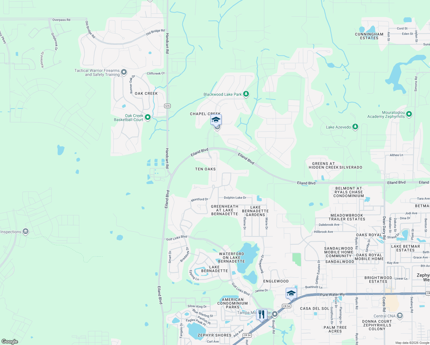 map of restaurants, bars, coffee shops, grocery stores, and more near 6105 Merrifield Drive in Zephyrhills
