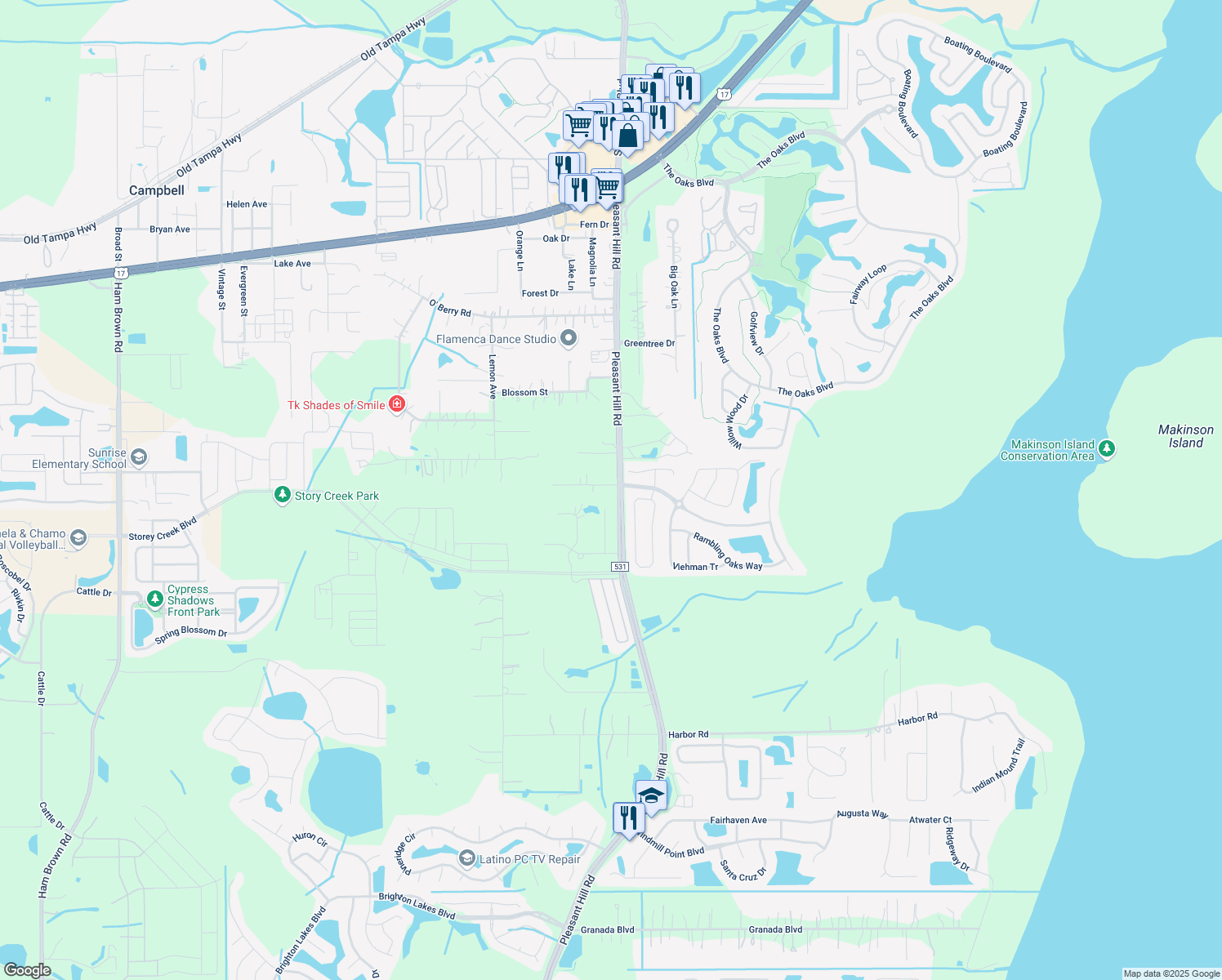 map of restaurants, bars, coffee shops, grocery stores, and more near 1968 Pleasant Hill Road in Kissimmee