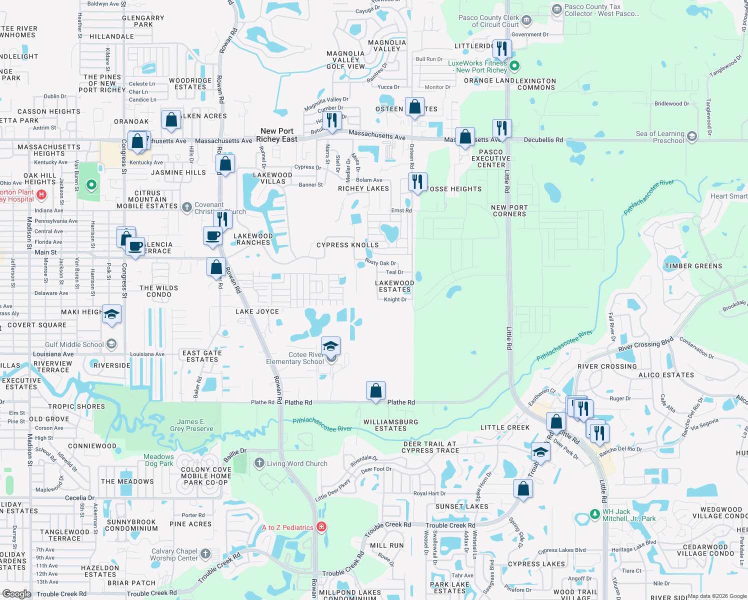 map of restaurants, bars, coffee shops, grocery stores, and more near 6017 Broken Arrow Drive in New Port Richey