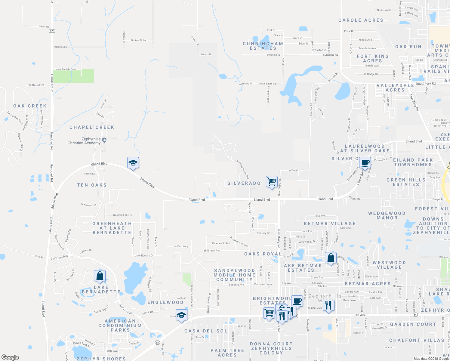 map of restaurants, bars, coffee shops, grocery stores, and more near 36154 Laguna Hills Circle in Zephyrhills