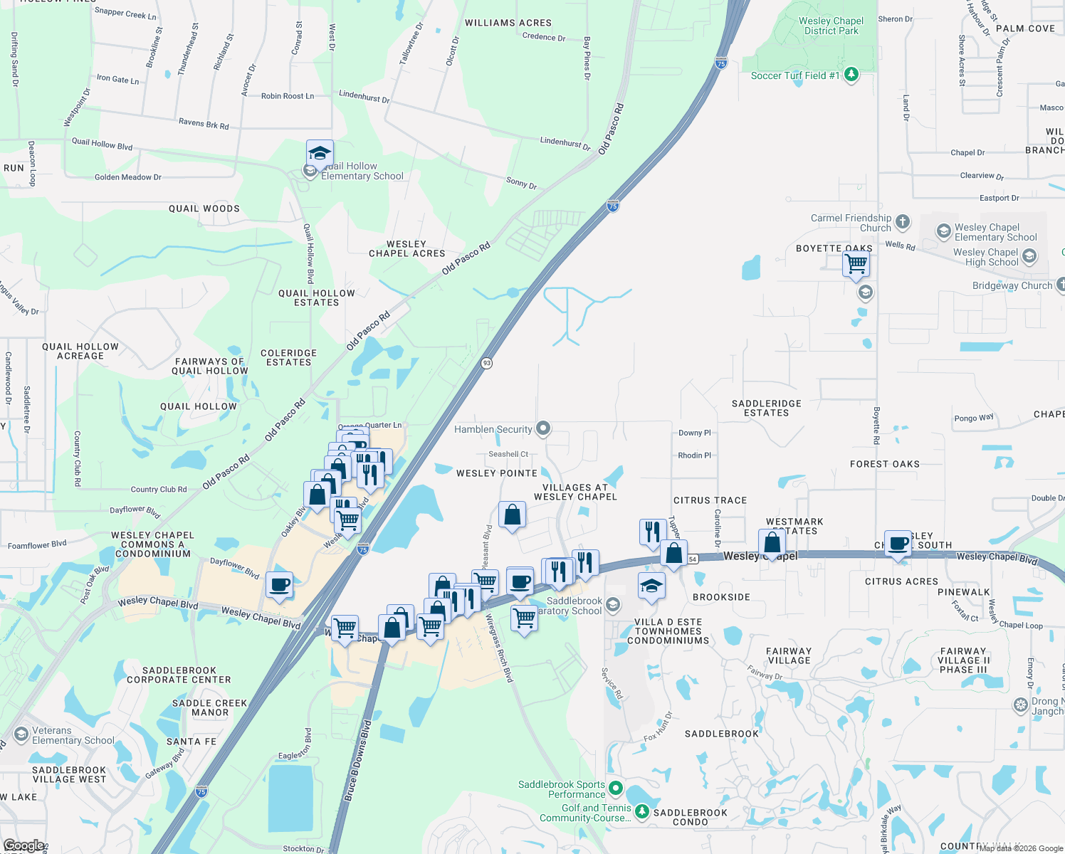 map of restaurants, bars, coffee shops, grocery stores, and more near 6300 Ashfield Place in Wesley Chapel