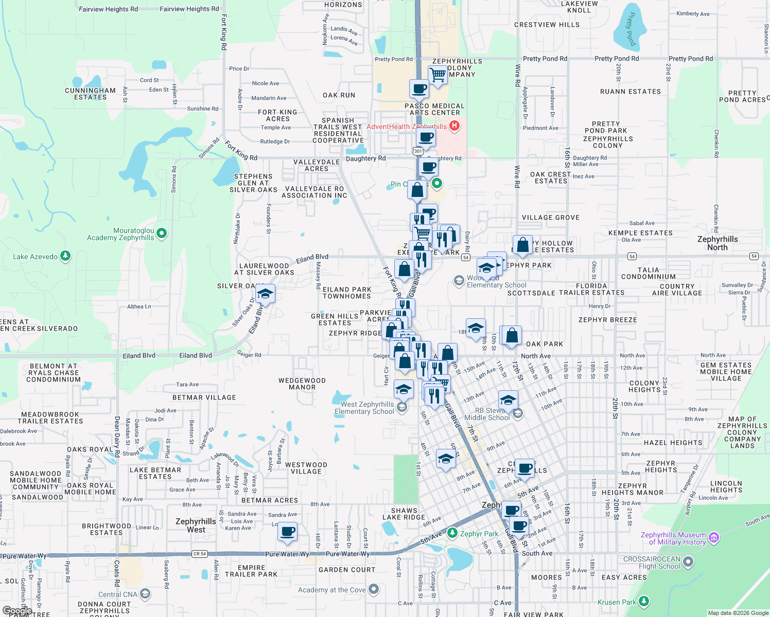 map of restaurants, bars, coffee shops, grocery stores, and more near 37819 Newal Avenue in Zephyrhills