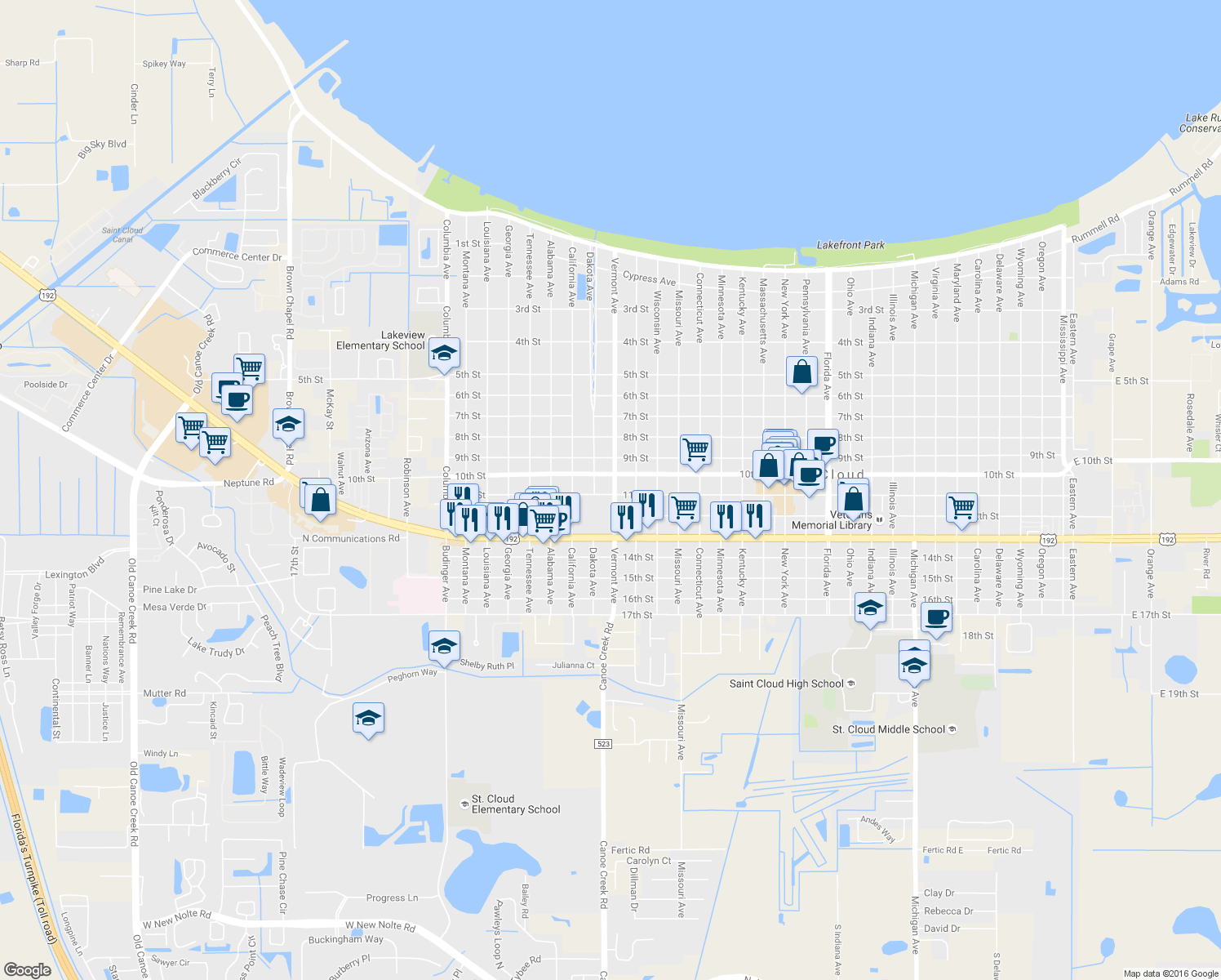 map of restaurants, bars, coffee shops, grocery stores, and more near 1024 Vermont Avenue in St. Cloud