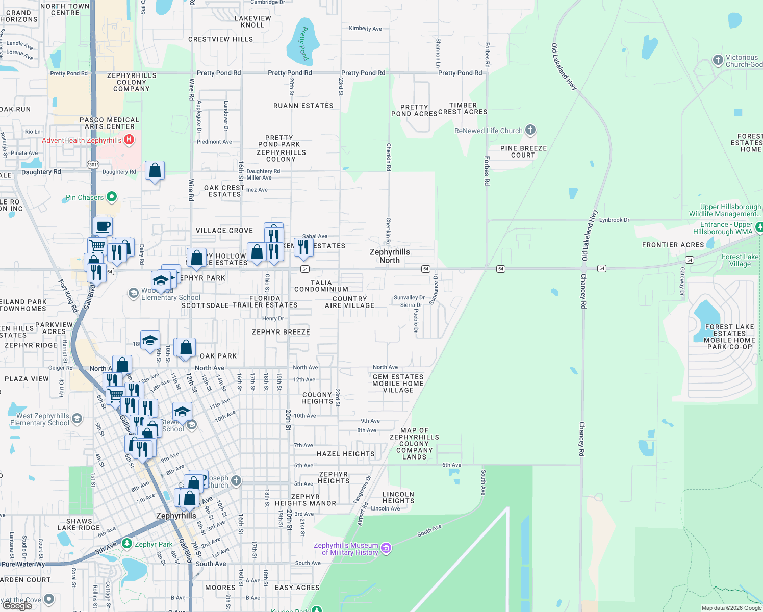 map of restaurants, bars, coffee shops, grocery stores, and more near 6306 Waterfront Lane in Zephyrhills