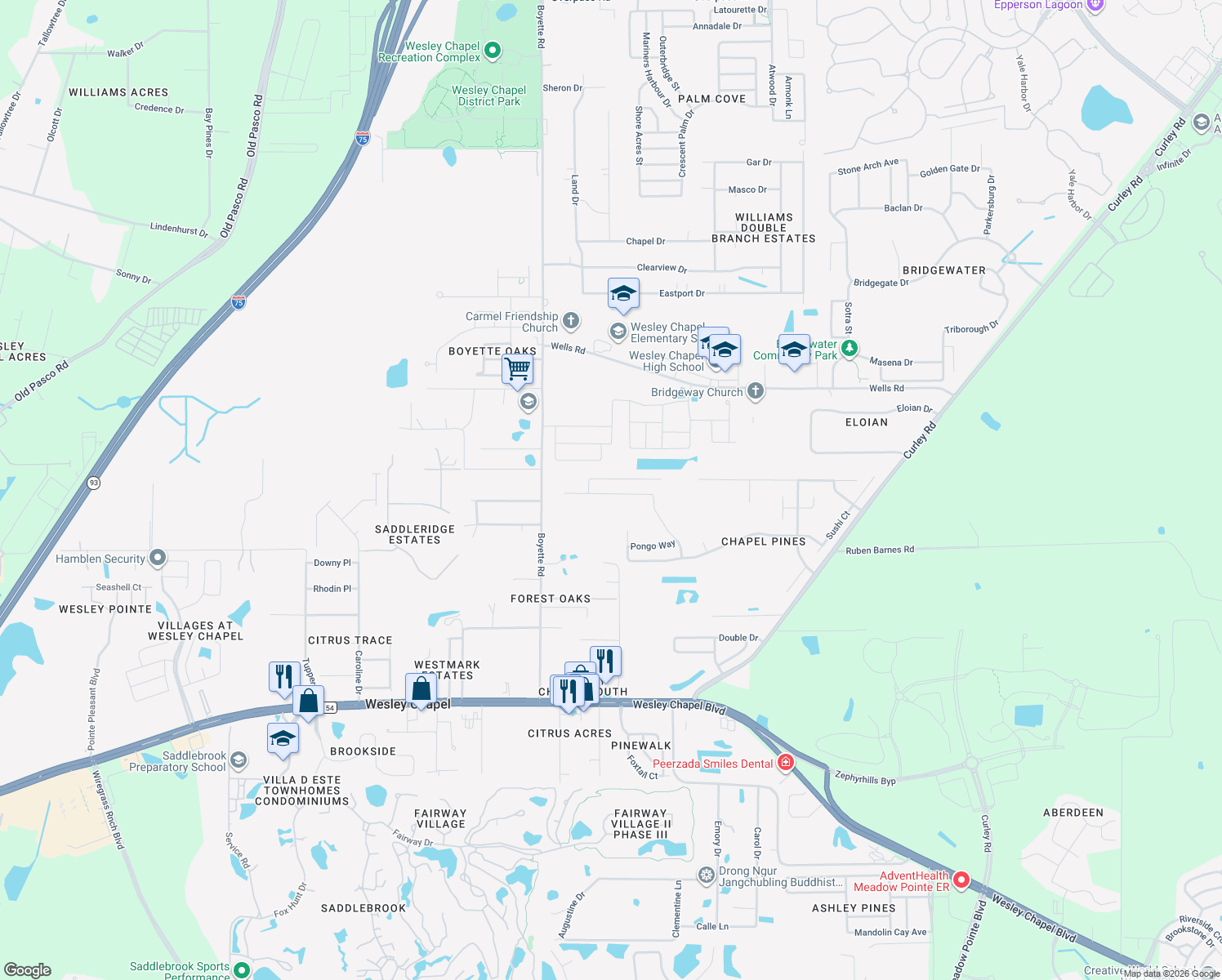 map of restaurants, bars, coffee shops, grocery stores, and more near 6510 Tabogi Trail in Wesley Chapel
