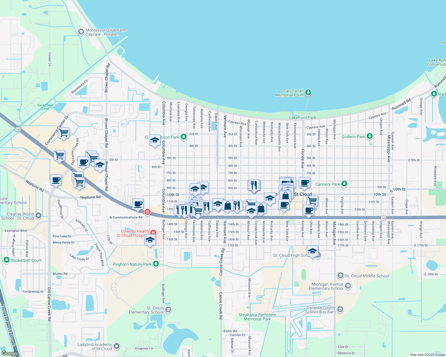 map of restaurants, bars, coffee shops, grocery stores, and more near 718 Vermont Avenue in St. Cloud