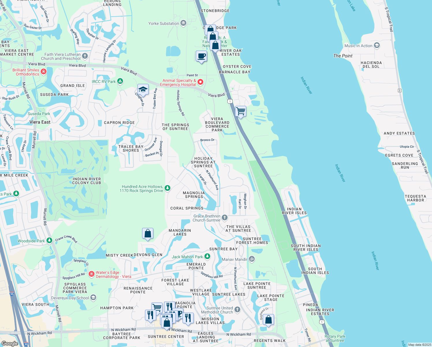 map of restaurants, bars, coffee shops, grocery stores, and more near 1337 California Drive in Melbourne