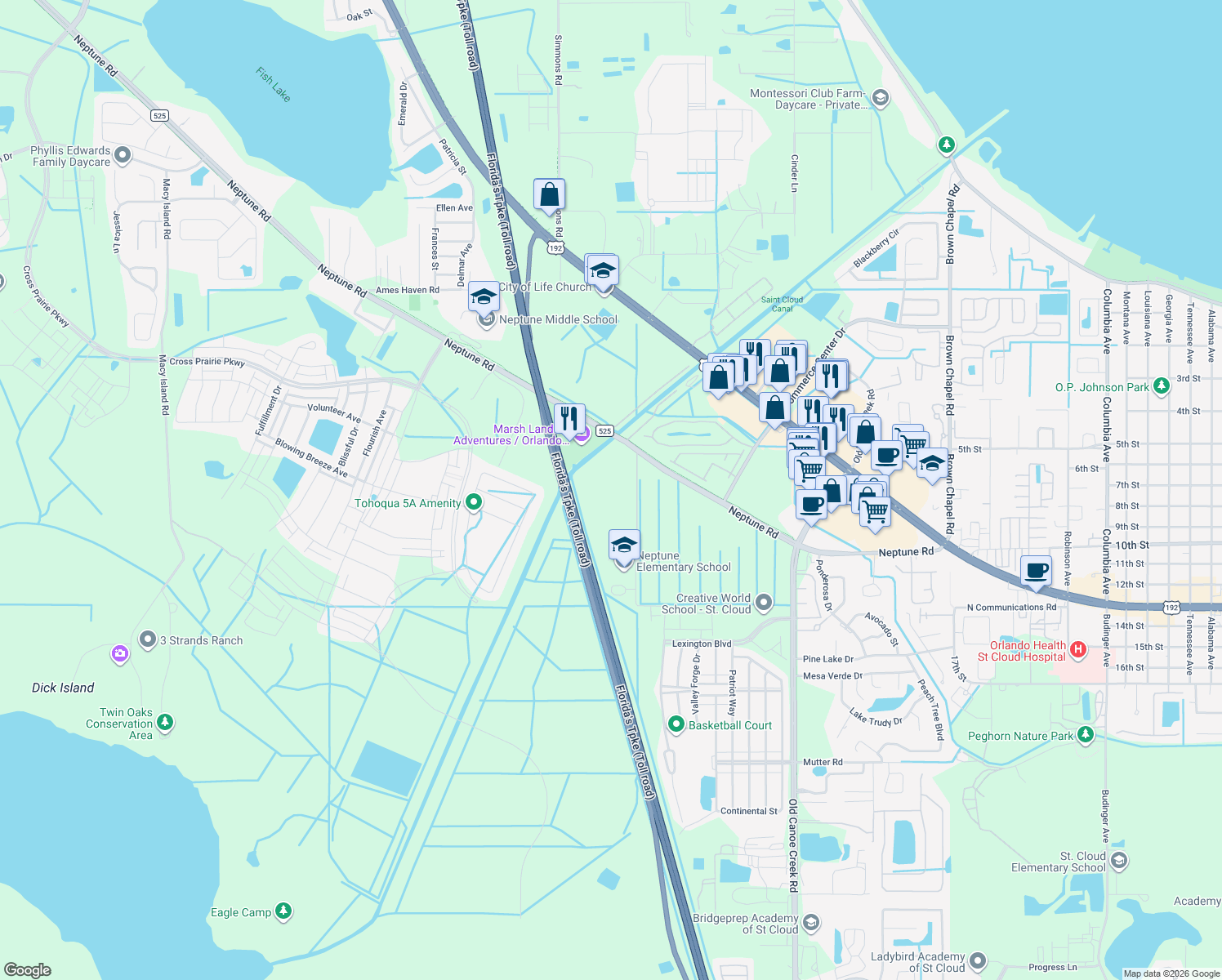 map of restaurants, bars, coffee shops, grocery stores, and more near 5101 Neptune Road in Kissimmee