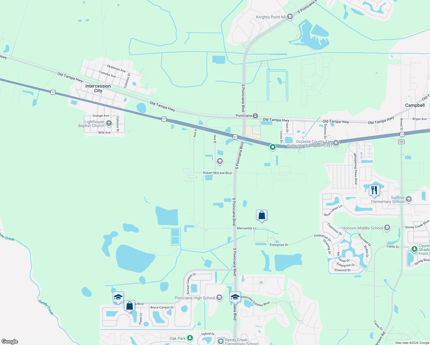 map of restaurants, bars, coffee shops, grocery stores, and more near 5125 Robert McLane Boulevard in Kissimmee